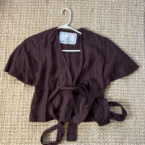 notPERFECTLINEN Brown Wrap Blouse